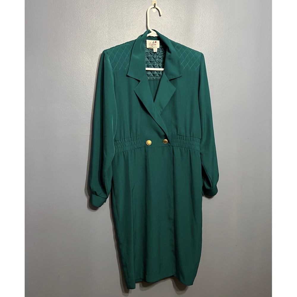 Vintage CARON Chicago Green Wrap Style Dress Size 8 70s 80s Glamour Shoulder Pad